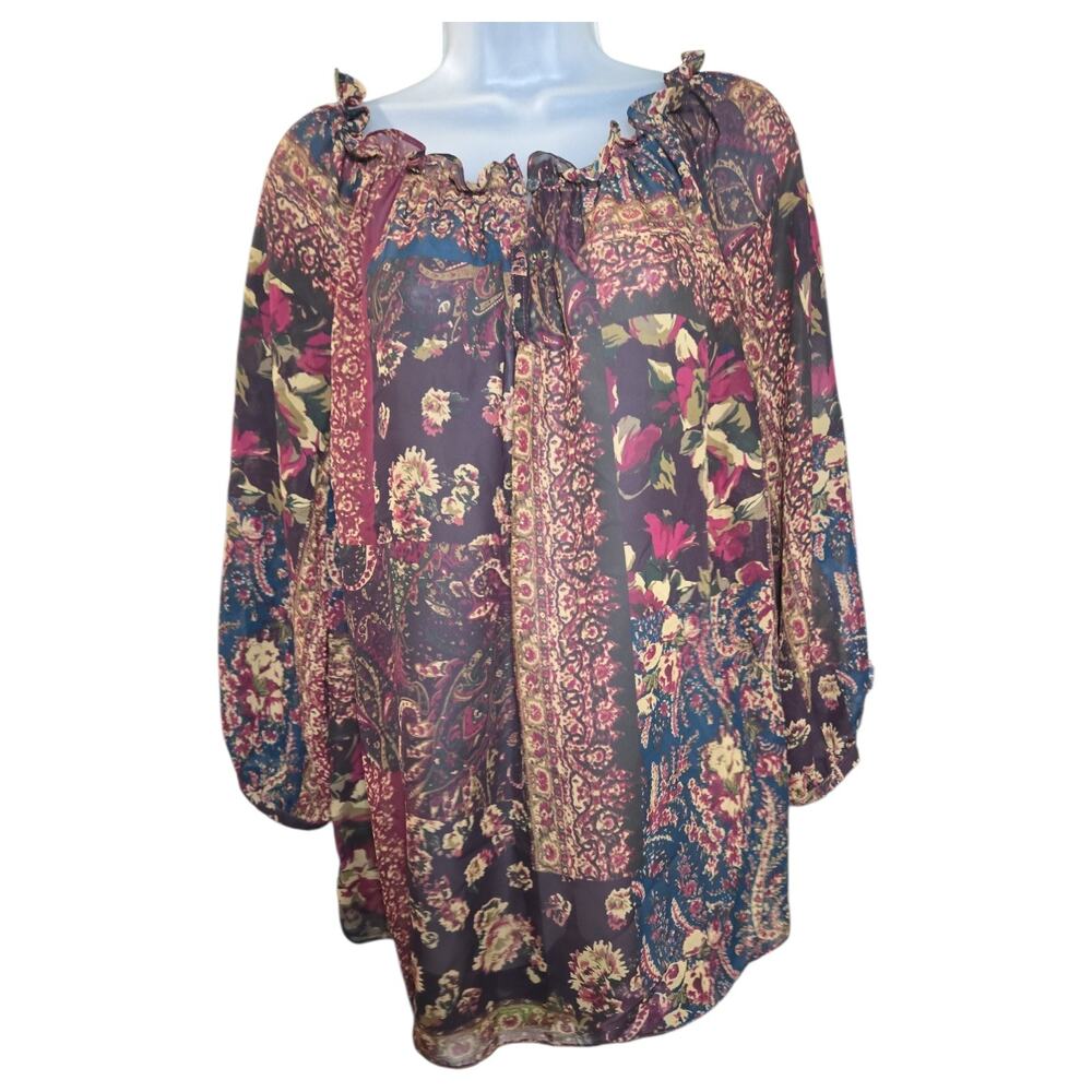 Chaps Wom 1X Burgundy Dark Floral Paisley Boho Sheer Fall Transition Peasant Top